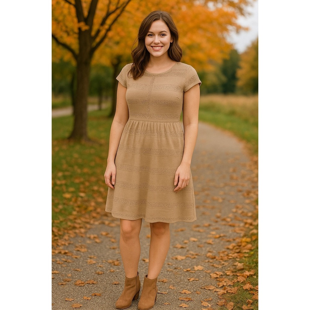 LC Lauren Conrad Fit Flare Dress Womens 10 Tan Pointelle Lace Excellent